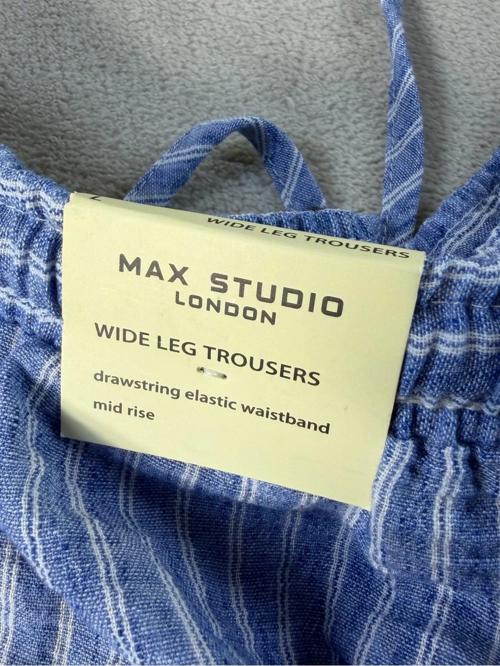 Max Studio London Womens Wide Leg Trousers L Blue White Striped Drawstring